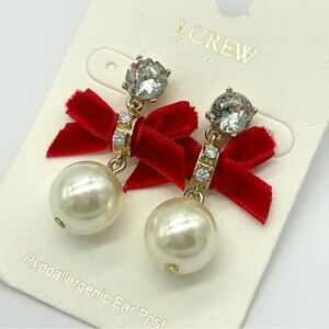 J. Crew Red Bow Pearl Drop Earrings NWT